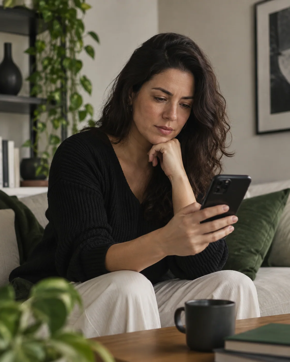 Pessoa olhando o celular em casa